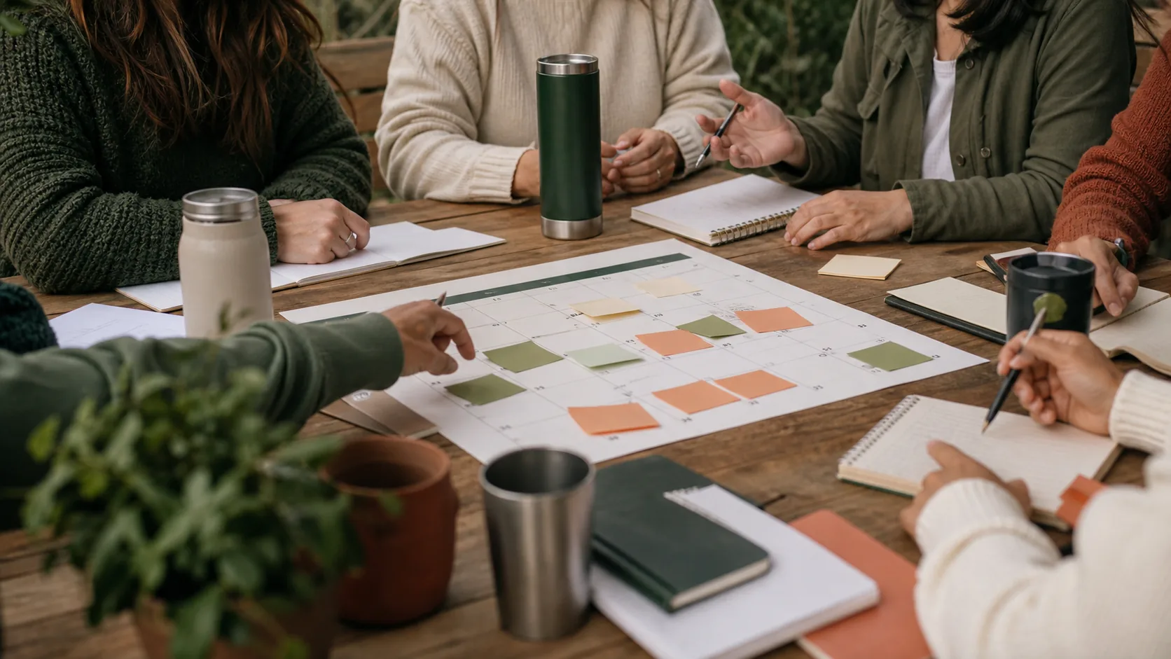 Comité vecinal revisa una lista de tareas en un espacio con plantas