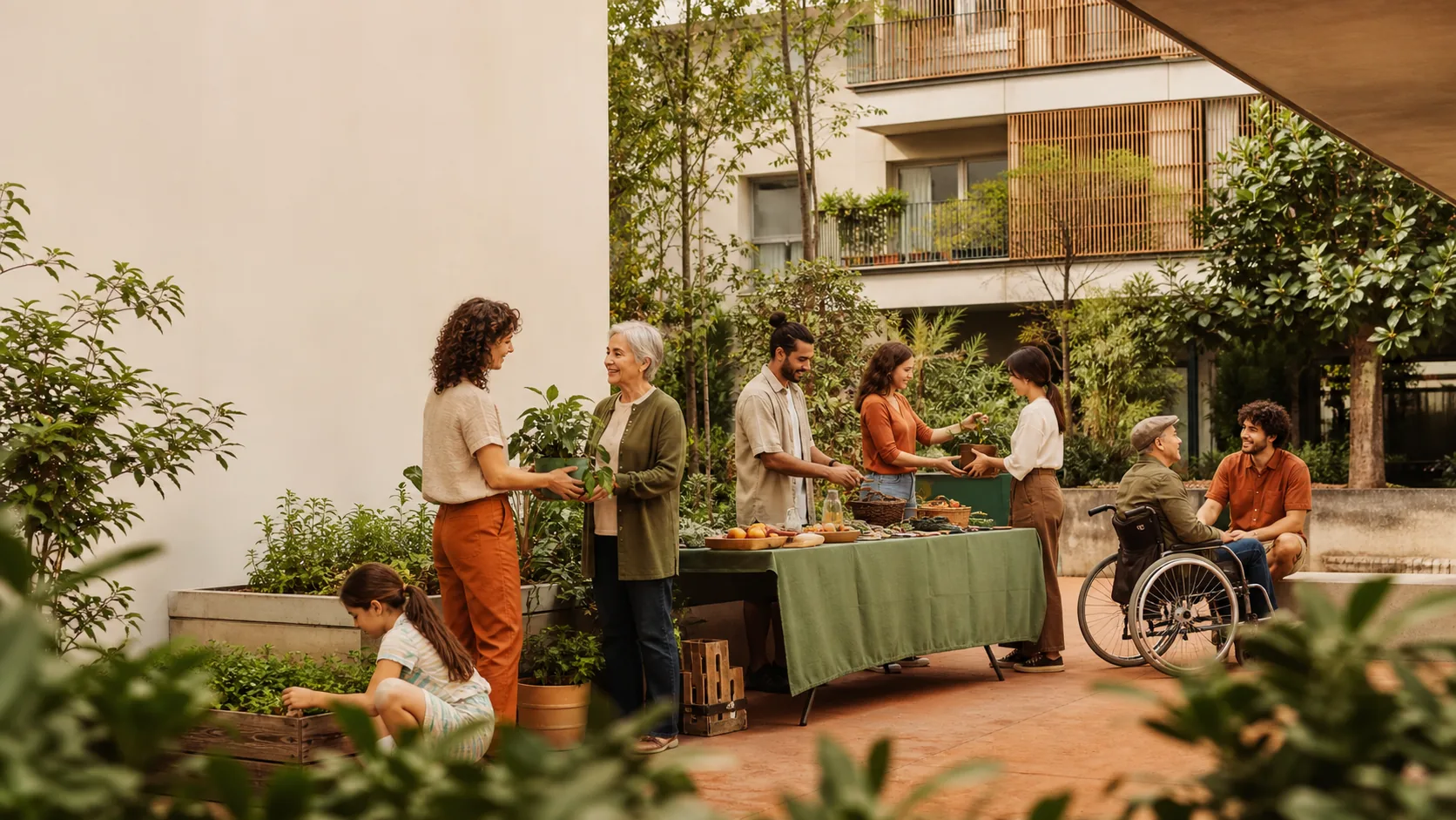 Vecinos usan herramientas sencillas en un taller comunitario de una azotea verde