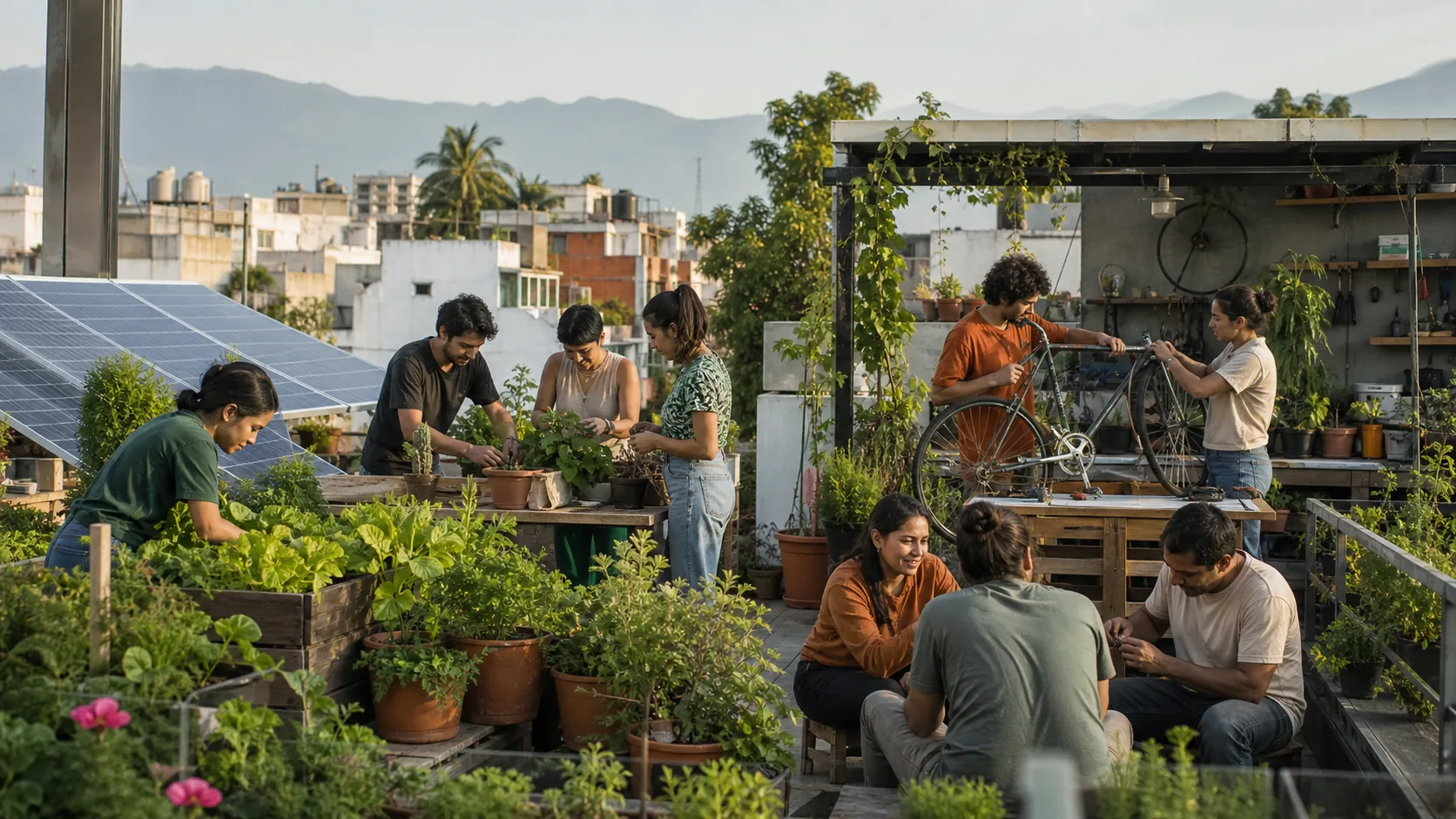 Azotea verde con paneles solares y vecinos colaborando en un barrio