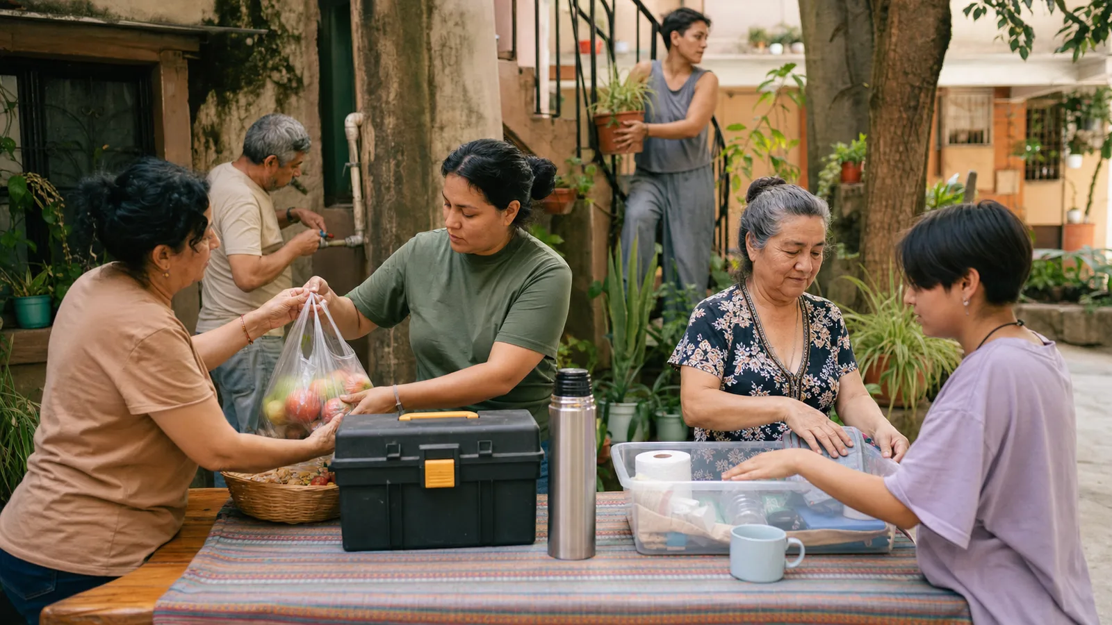 Vecinas y vecinos coordinan herramientas, alimentos y cuidados en el patio de una comunidad