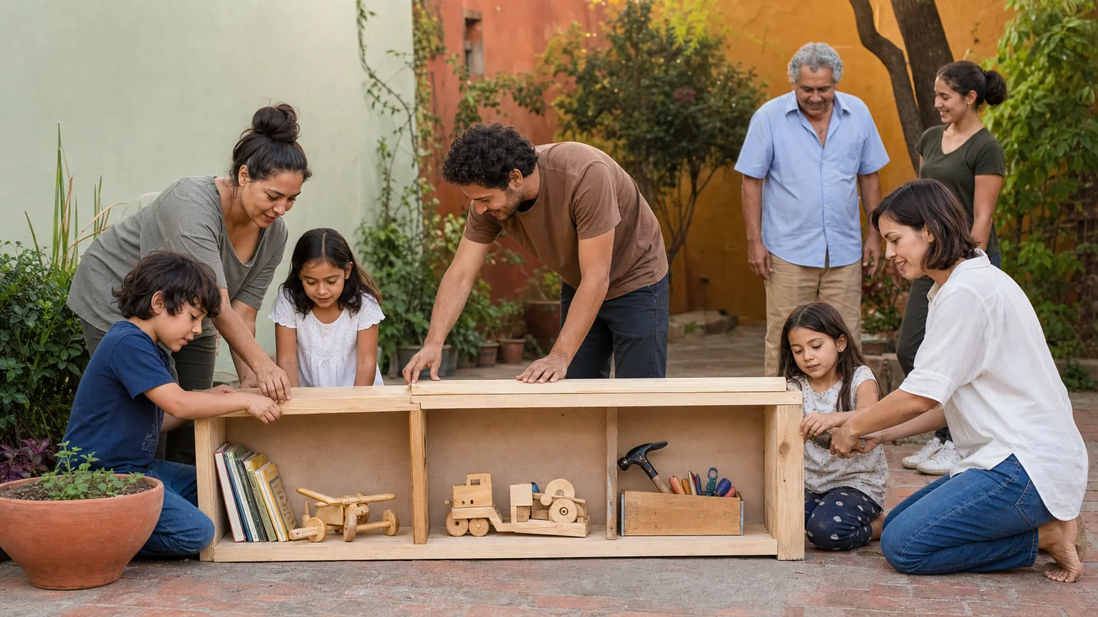 Niñas, niños y personas adultas construyen juntos una mesa de intercambio de juguetes y herramientas