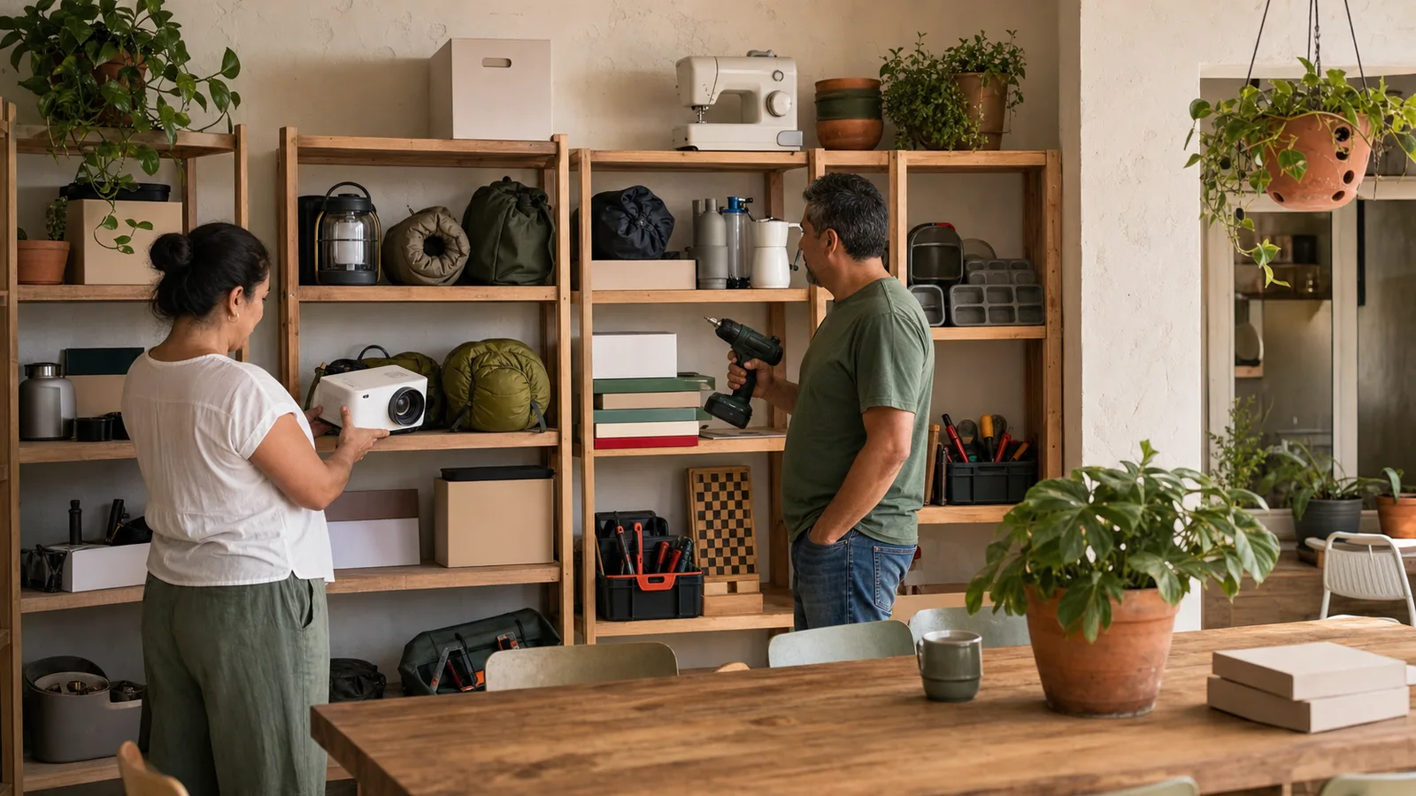 Estantería comunitaria ordenada con taladro, proyector, juegos y herramientas disponibles para préstamo