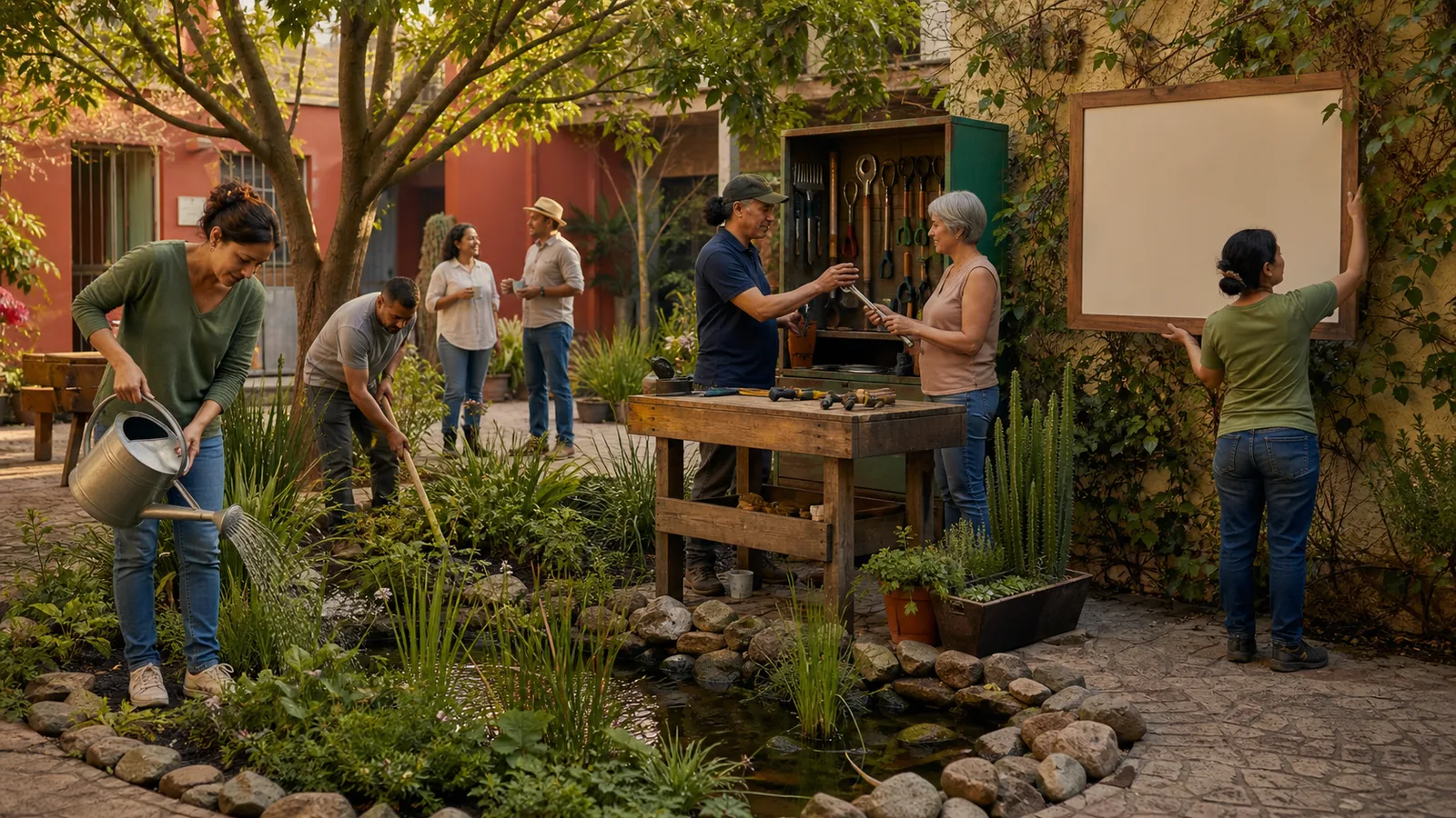 Personas cuidan un jardín, una mesa de herramientas y un espacio común mediante acuerdos visibles