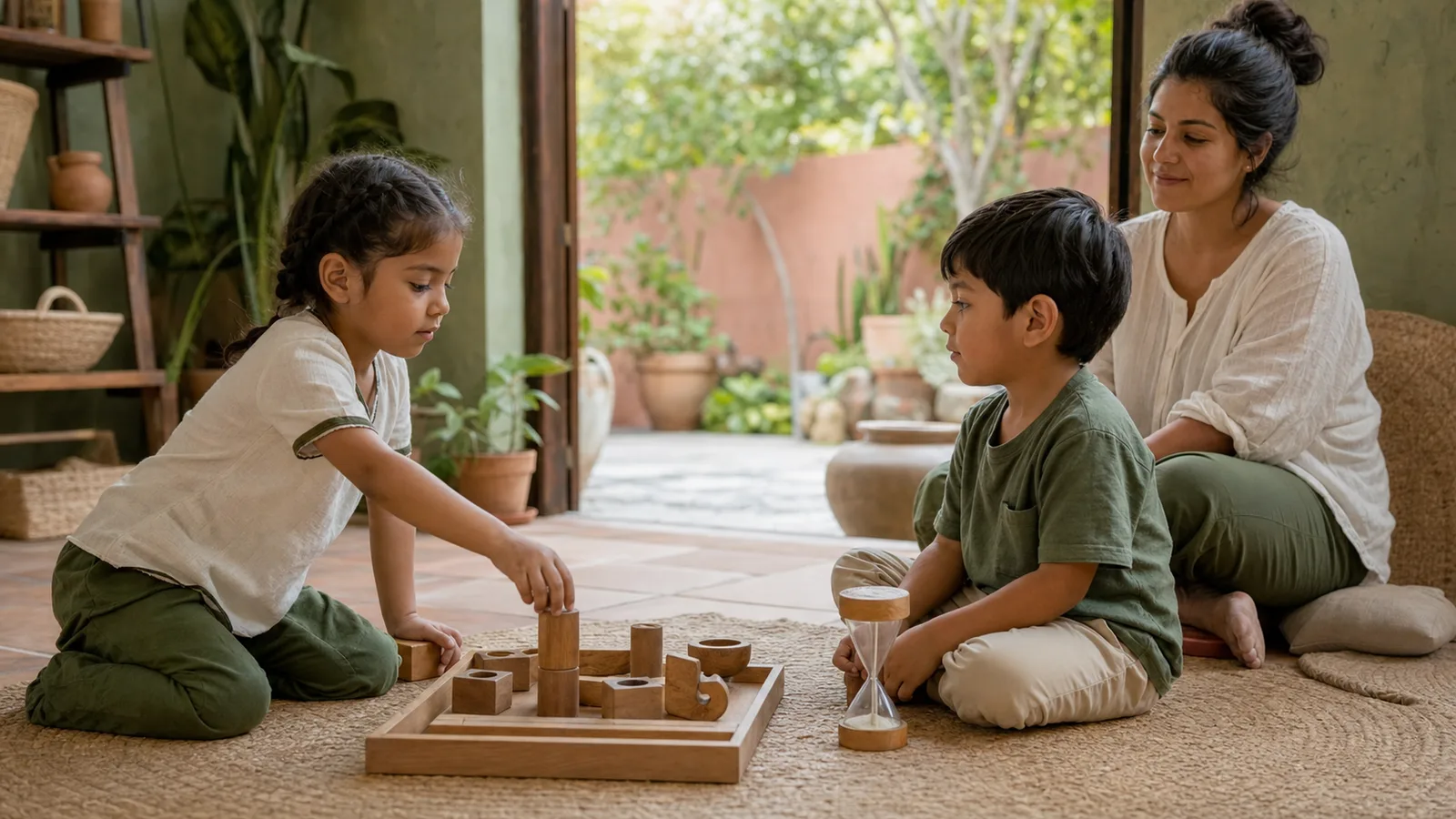 Dos niñas esperan turnos para usar materiales de construcción mientras una persona adulta acompaña