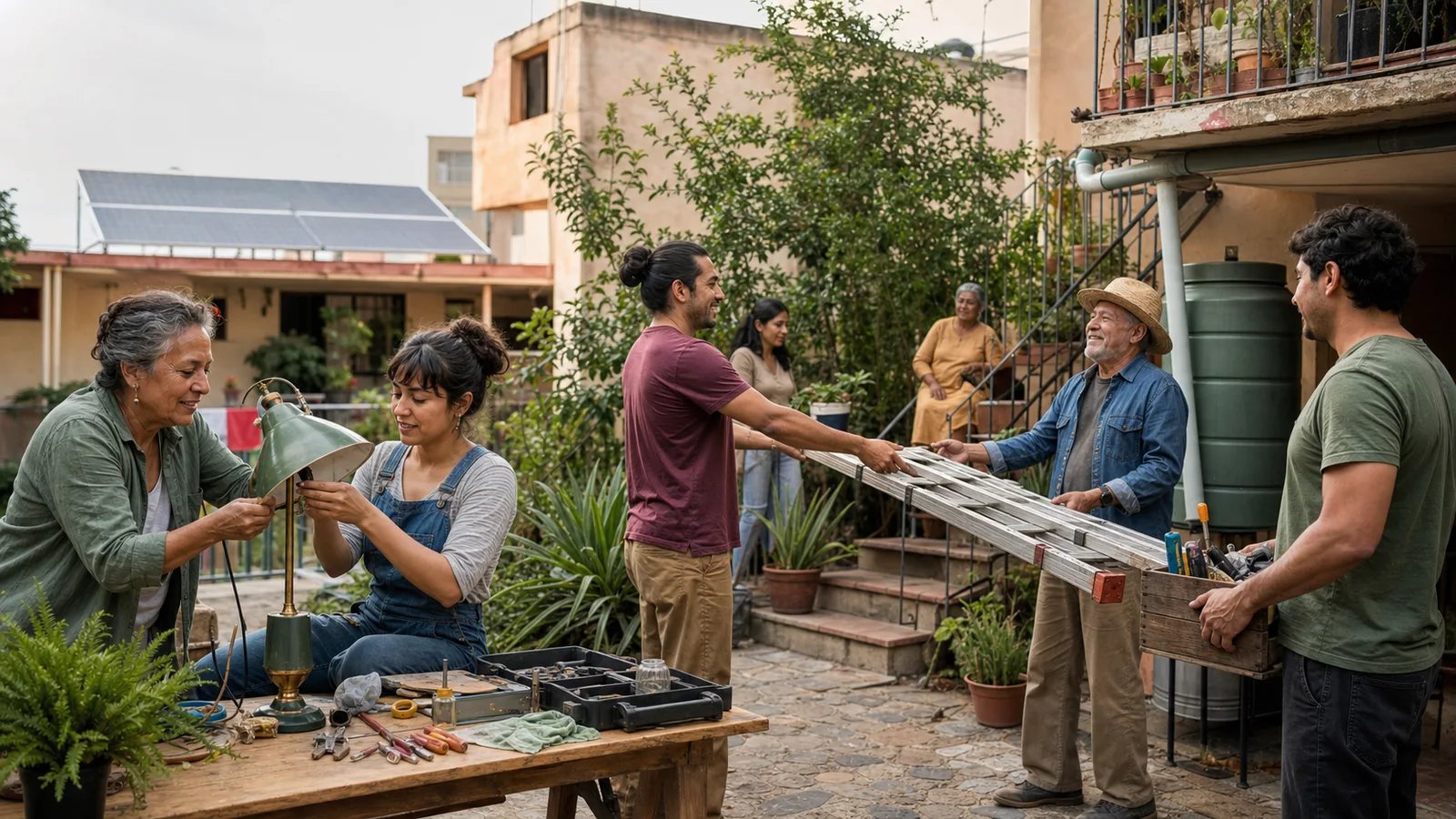 Patio vecinal verde donde varias personas reparan y comparten objetos bajo paneles solares