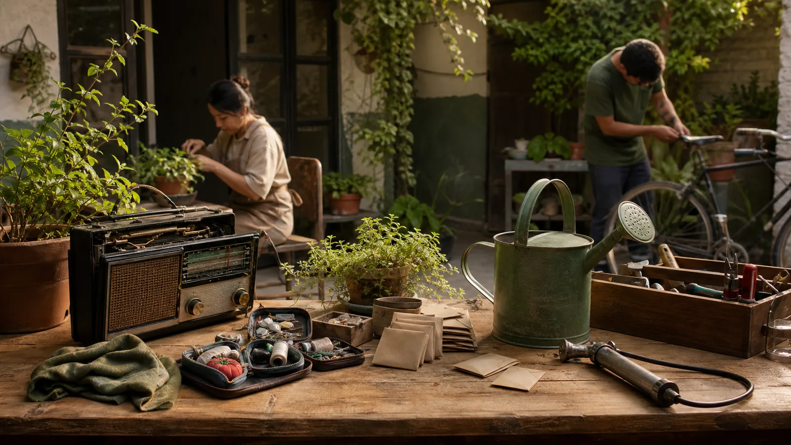 Mesa comunitaria con plantas, herramientas reparadas, semillas y objetos prestados entre vecinos